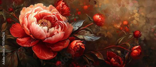 An oil painting of red and pink peony flowers with green leaves on a dark background