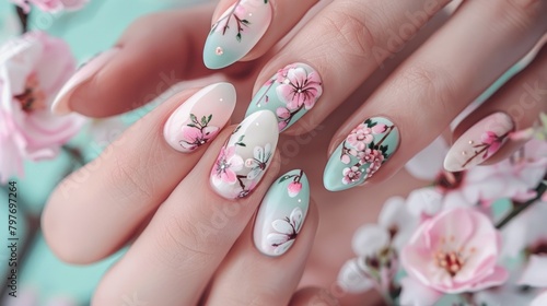 Springtime Manicure with Pastel Nail Designs. Lovely flower motifs on long almond-shaped nails set against a blooming background.