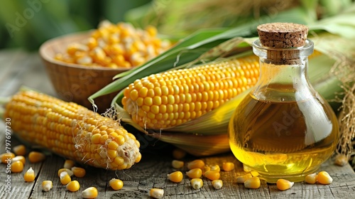 Corn oil in decanter, fresh corn cobs 