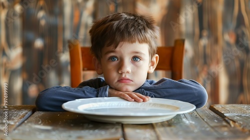 sad, hungry, starving boy with empty plate, concept of poverty and malnutrition 