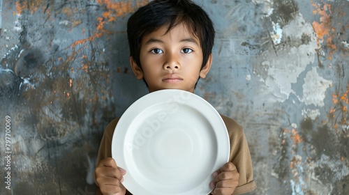 sad, hungry, starving boy with empty plate, concept of poverty and starvation