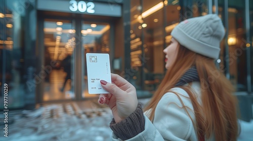 a female hand holding a white sim card in front of a digital door lock