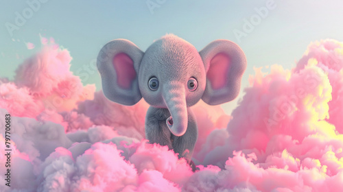 Illustration of a cute elephant in the style of concept art and animation style with 3D pink clouds