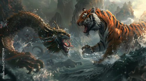fantasy tiger fight with monster dragon