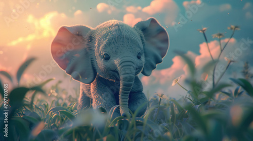 Illustration of a cute elephant in the style of concept art and animation style