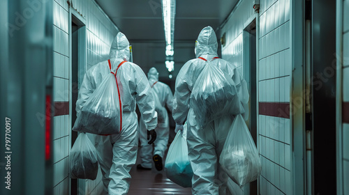 group of people in hazmat suits walking down the hallway with bags full of medical waste, horror film, with a dark cinematic shot bio hazard post apocalypse