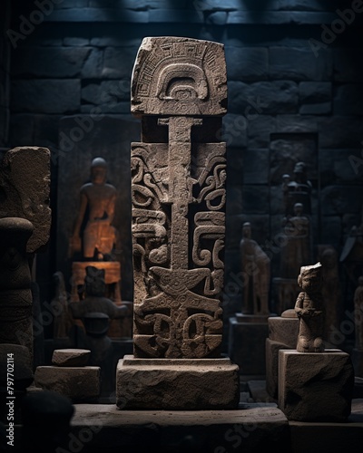 Ancient stone sculpture in a museum, spotlight on detailed carvings, historical art piece, soft dark background enhancing textures