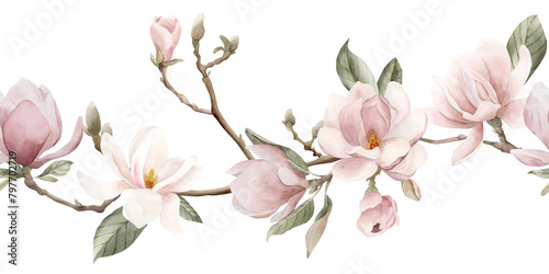 Light pink magnolia flowers, buds, sprigs and leaves. Seamless border of spring blossom. Floral watercolor illustration