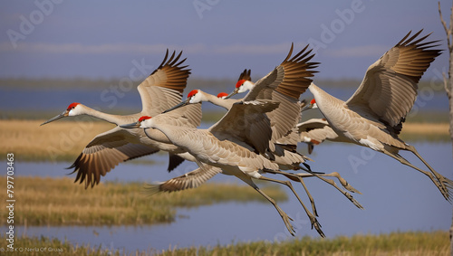 A group of six sandhill cranes are flying over a marsh