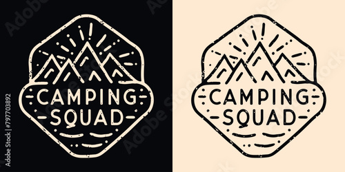 Camping squad crew group camper badge emblem. Mountains lover retro vintage aesthetic illustration. Outdoorsy quotes for matching family friends trip adventure buddies logo shirt design print vector.