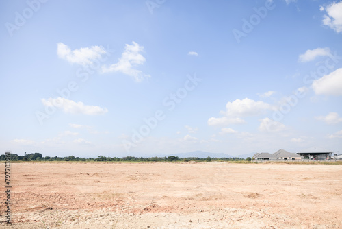 Land, blue sky and clouds. Include landscape, empty or vacant area at outdoor. Real estate or property for sale, rent, but, development, housing subdivision and construction in Chiang Mai of Thailand.