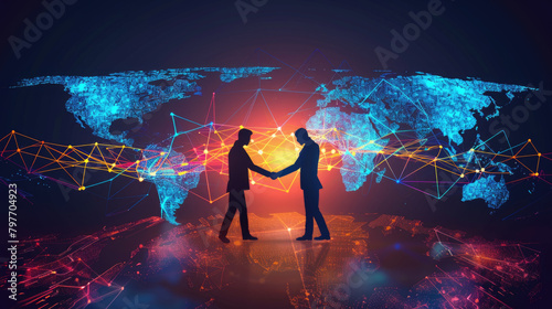 Two individuals, one in a suit and the other in casual attire, grasp hands firmly in front of a colorful world map, symbolizing a business partnership or international agreement
