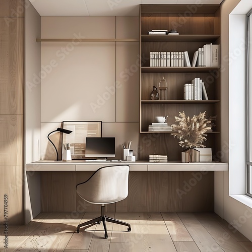Design a cozy study room with built-in bookshelves lining the walls, featuring a comfortable reading nook with a plush armchair and ottoman, perfect for diving into a good book on a lazy afternoon