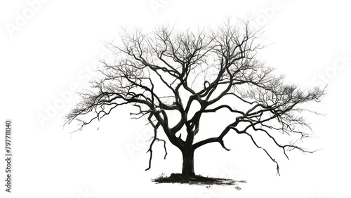 A large tree with no leaves is depicted in black and white