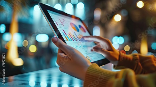 Close-up of a person analyzing data charts on a tablet