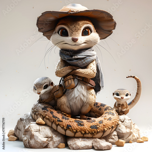 A 3D animated cartoon render of an intrepid mongoose safeguarding a farmer from venomous serpents.