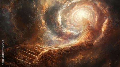 A winding staircase that spirals endlessly upwards, leading to a portal of light that promises new and unimagined worlds