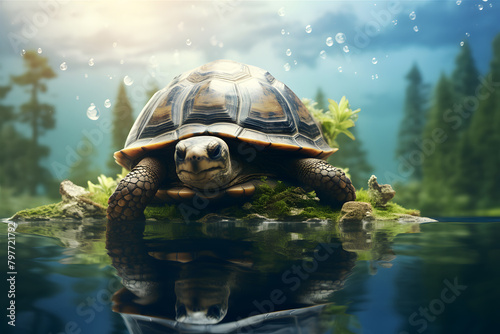 Concept for World Turtle Day. Turtle on the background of wild nature.