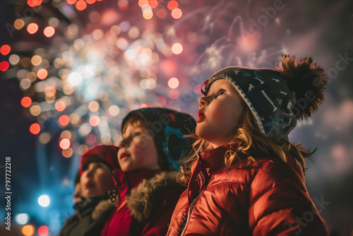 Genuine amazement frozen in time as children watch fireworks light up the dark sky