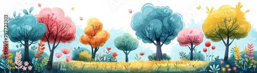 Cartoon forest with anthropomorphic trees, friendly and inviting, childrens book style, bright and cheerful colors, no animals