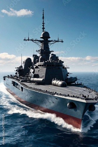 Battleship warship corvette sailing in blue open sea. Military ship floats at skyline scenery, military control of sea. Protection of water state borders. Naval forces army concept. Copy ad text space