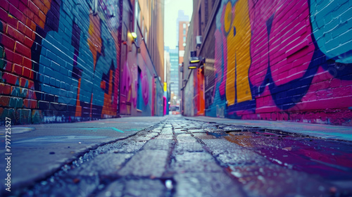 Vibrant wall graffiti in daytime alley, vivid colors and shapes create a striking visual display.