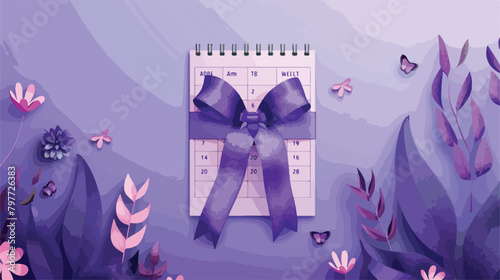 Calendar and violet ribbon on color background.