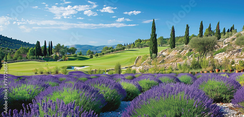 Endless fields of lavender bordering the tranquil golf course, fragrant tranquility.
