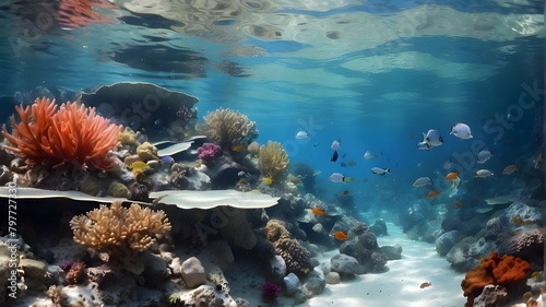a coral reef with many different colored fish and corals.