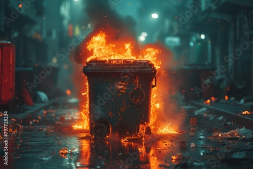 Trash can in Dumpster Fire at the broken street. Dumpster Fire With Heavy Smoke Pollution From Garbage. Riots on the street, protests, chaos and vandalism, cyber punk concept, war and crime.
