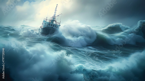 Boat in distress. A ship sailing in the storm on a rough sea, about to sink. A clearing in the sky could prevent it from disaster