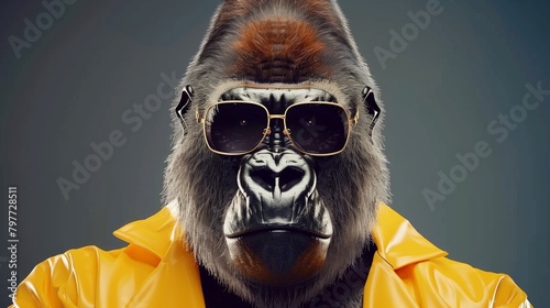 AI generated illustration of a gorilla in sunglasses standing with face hidden by glasses