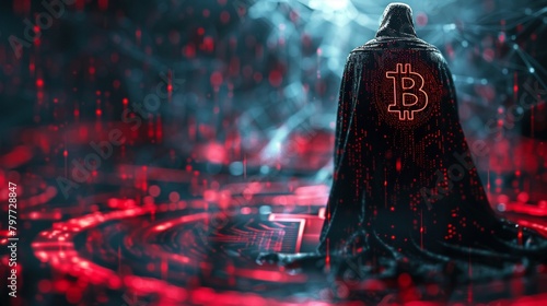 a vampire in a cloak made of fluctuating graphs and Bitcoin symbols, embodying the parasitic and volatile nature of the crypto market