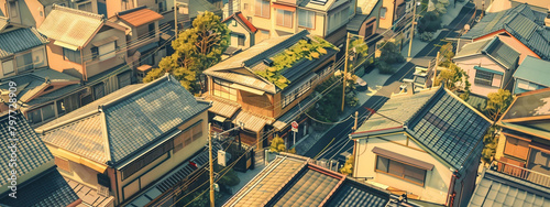 birdeye view of a utopian street with uniformed japanese houses, 1930s, retro color 
