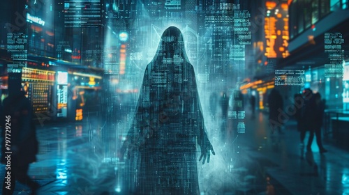 an image of a spectral figure haunting a trading floor, with screens showing fluctuating Bitcoin prices This ghost can represent the unseen forces and unpredictability in the crypto market