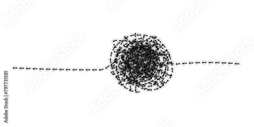 Road and ball of ants top view design vector illustration isolated on white background. Trail line curve of ants bug in row, tangle of them. Pest control or insect searching illustration