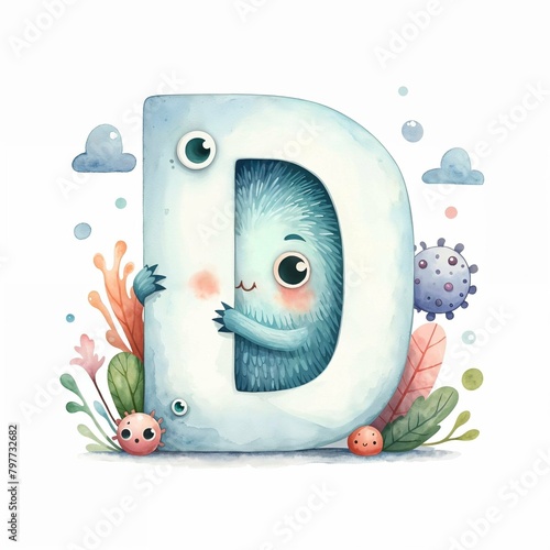 Whimsical Scaredy Monster Hiding Behind Letter D - AI generated digital art