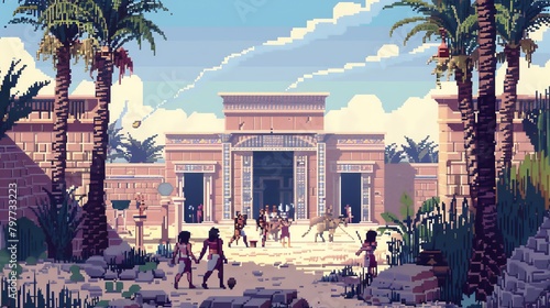 Pixel art ancient Egyptian festival with a procession, music, and dancers