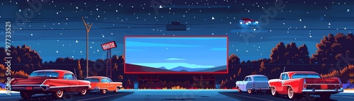 Pixel art classic 1950s drive-in cinema with vintage cars and a giant screen
