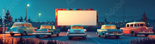 Pixel art classic 1950s drive-in cinema with vintage cars and a giant screen