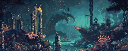 Pixelated deep-sea adventure with mythical sea creatures and ancient ruins