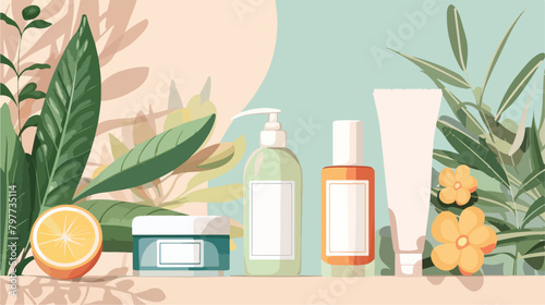 Natural cosmetic products on color background Vector