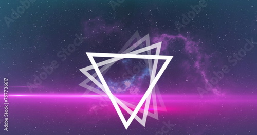 Image of multiple white triangles spinning on seamless loop over glowing pink light trails