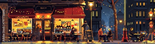 Retro pixel art Paris cafe scene with artists, pastries, and coffee drinkers