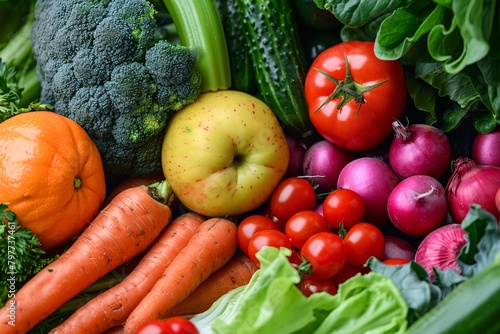 A vibrant display of fresh vegetables and fruits, including carrots, tomatoes, broccoli, and an apple.