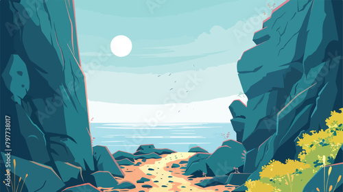Pathway between rocks on sunny day Vector illustration