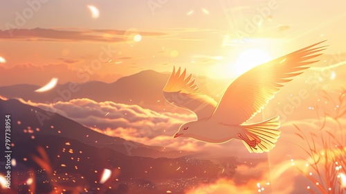 A beautiful sunset over the mountains with a bird flying in the foreground.