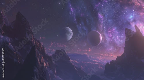 Render a celestial scene with planets, stars, and nebulae.
