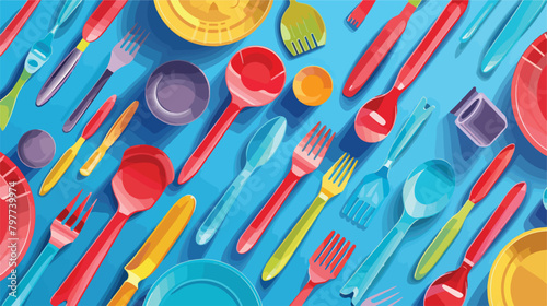 Plastic tableware on color background Vector illustration