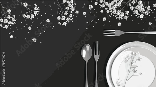 Plate cutlery and gypsophila flowers on black background